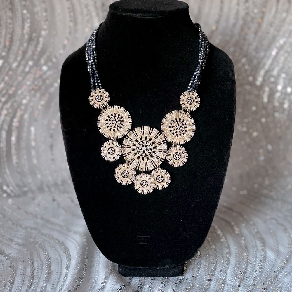 Anthropology Statement Necklace Silver Medallions with Rhinestone & Navy Beads
